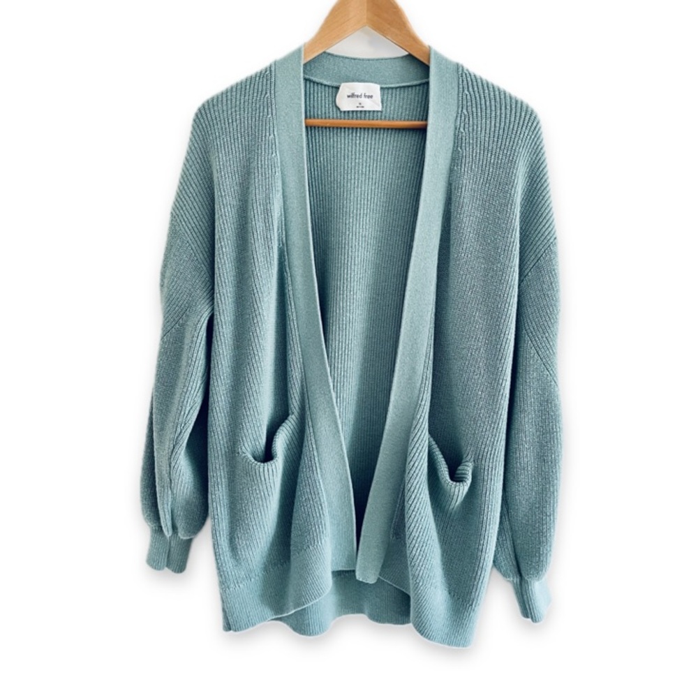 Wilfred Free Unwind Cardigan Relaxed Fit Merino Wool Ribbed Cotton Teal Sz XS-S